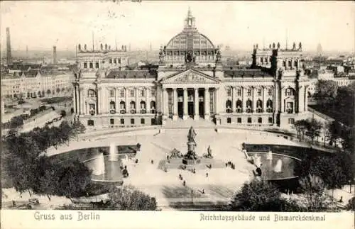 Ak Berlin Tiergarten, Bismarck Denkmal und Reichstagsgebäude