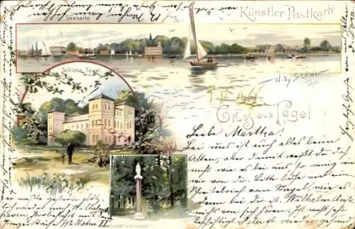 Künstler Litho Stöwer, W., Berlin Reinickendorf Tegel, Schloss, Humboldt-Denkmal, Seeseite