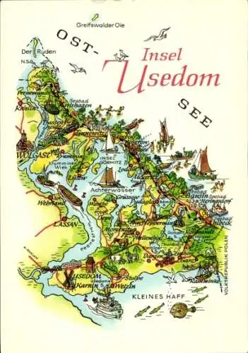 Landkarten Ak Insel Usedom, Kleines Haff, Achterwasser, Insel Görmitz