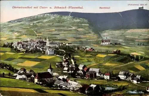 Ak Oberwiesenthal im Erzgebirge Sachsen, Panorama, Felder, Kirche