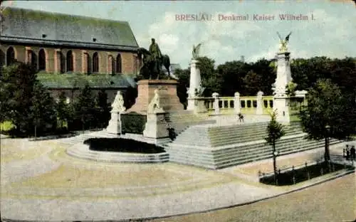 Ak Wrocław Breslau Schlesien, Denkmal Kaiser Wilhelm I., Reiterstandbild, Kirche