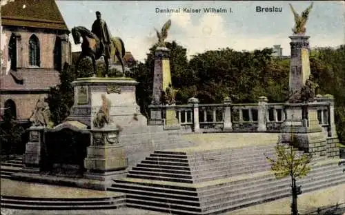 Ak Wrocław Breslau Schlesien, Denkmal Kaiser Wilhelm I., Reiterstandbild, Kirche