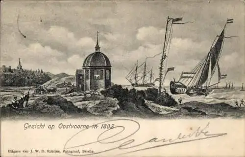 Ak Oostvoorne aan Zee Südholland, sturmische See um 1802, Segelboote