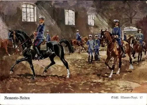 Künstler Ak Döbrich Steglitz, Remonte Reiten, Sächsisches UIanen Regiment 17