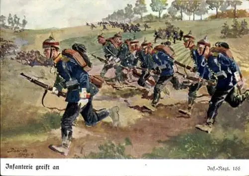 Künstler Ak Döbrich Steglitz, Infanterie Regiment 166, Angriff