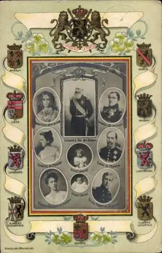 Präge Wappen Passepartout Ak Adel Belgien, Leopold I und II., Prinzen Karl und Leopold, Albert I