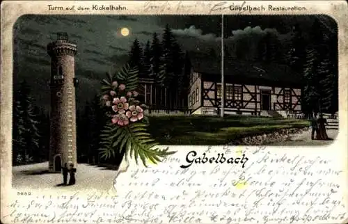 Mondschein Litho Gabelbach Ilmenau Thüringen, Turm auf dem Kickelhahn