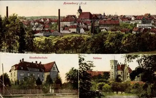 Ak Ronneburg in Thüringen, Gesamtansicht, Haushaltschule, Schloss