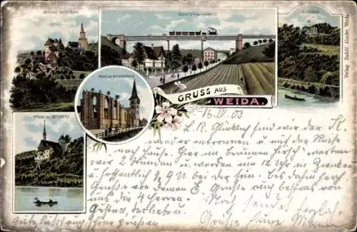 Litho Weida in Thüringen, Panorama, Oschützthal Viaduct, Alpenrose, Ruine, Kirche