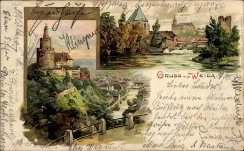 Litho Weida Thüringen, Stadtpanorama, Schloss Osterburg