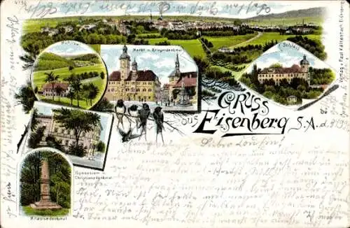 Litho Eisenberg in Thüringen, Gesamtansicht, Markt, Schloss, Gymnasium, Denkmal