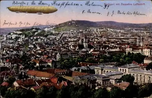 Ak Stuttgart in Württemberg, Gesamtansicht, Zeppelin