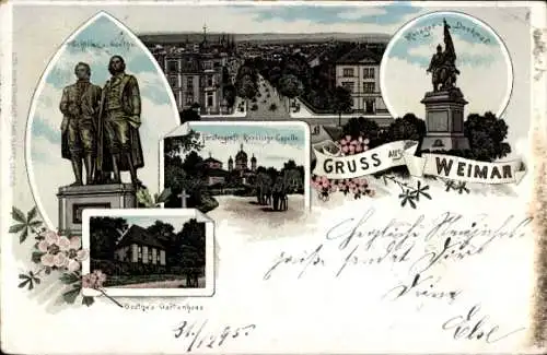 Litho Weimar Thüringen, Schiller und Goethe Denkmal, Fürstengruft, Russische Kapelle, Kriegerdenkmal