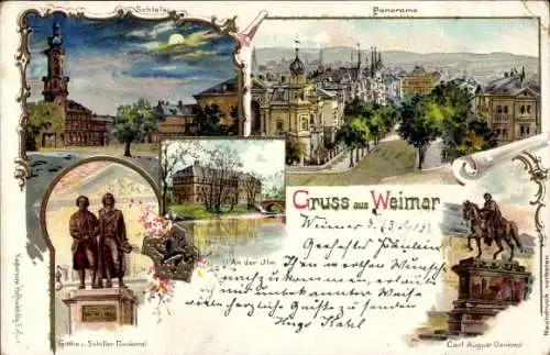 Mondschein Litho Weimar in Thüringen, Schloss, Panorama, Ilmpartie, Denkmal Carl August