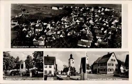 Ak Machtolsheim Laichingen in Württemberg, Fliegeraufnahme, Kriegerdenkmal, Kirche, Warengeschäft