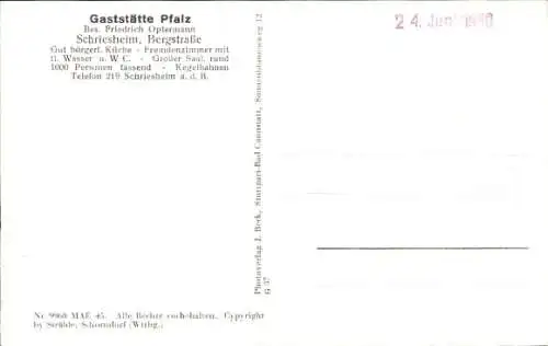 Ak Schriesheim an der Bergstraße, Fliegeraufnahme, Gaststätte Pfalz, Saal, Kegelbahn