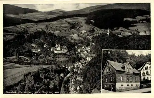 Ak Schönberg Bensheim an der Bergstraße, Fliegeraufnahme, Lebensmittel Ludwig Zill