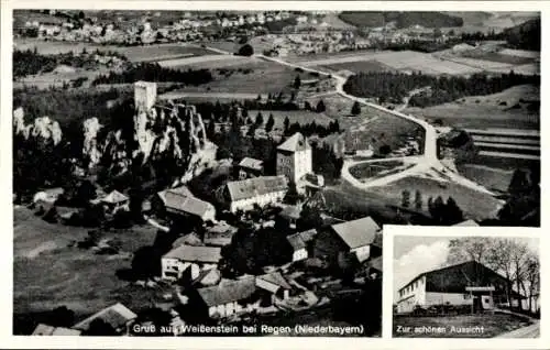 Ak Weißenstein Regen im Bayerischen Wald, Fliegeraufnahme, Ruine, Zur Schönen Aussicht