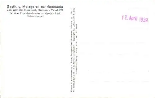 Ak Hülben in der Schwäbischen Alb, Fliegeraufnahme, Gasthaus und Metzgerei zur Germania