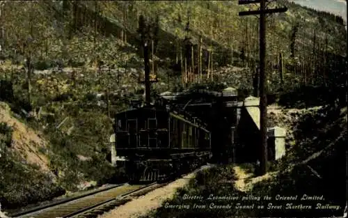 Ak Washington USA, Cascade Tunnel, Great Northern Railway, Elektrische Lokomotive, Oriental Limited