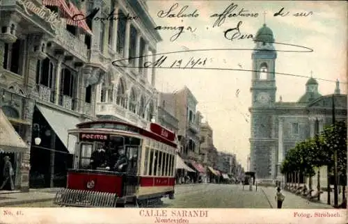 Ak Montevideo Uruguay, Calle Sarandi, Straßenbahn