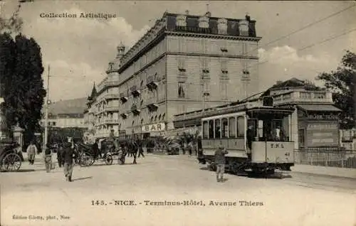 Ak Nice Nizza Alpes Maritimes, Terminus-Hôtel, Avenue Thiers, Straßenbahn