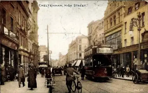 Ak Cheltenham Gloucestershire England, High Street, Tram