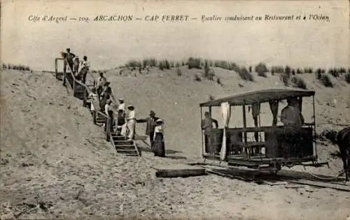 Ak Arcachon Gironde, Cap Ferret, Pferdebahn, Treppe zum Restaurant und zum Meer