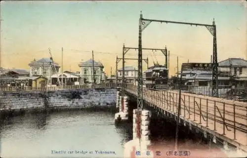 Ak Yokohama Pref. Kanagawa Japan, Brücke, Elektrische Straßenbahn