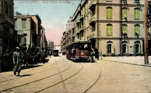 Ak Alexandria Ägypten, Rue Porte Rosette, Straßenbahn