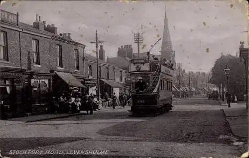 Ak Levenshulme Manchester England, Stockport Road, Straßenbahn