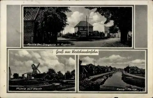 Ak Westrhauderfehn Rhauderfehn Ostfriesland, Drogerie, Windmühle, Werft, Kanalpartie