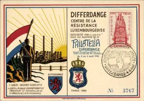 Wappen Ak Differdange Differdingen Luxembourg, Centre de la Résistance Luxembourgeoise