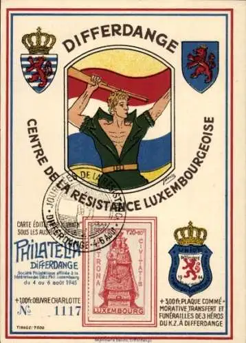 Briefmarken Wappen Künstler Ak Differdange Luxemburg, Centre de la Resistance Luxembourgeoise