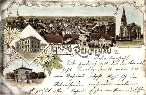 Litho Bogatynia Reichenau in Sachsen Schlesien, Gesamtansicht, Amtsgericht, Kaiserliche Post