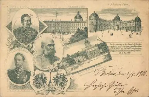 Wappen Litho Berlin, Schloss, Wien, Hofburg, Kaiser Wilhelm II., Kaiser Franz Josef I.