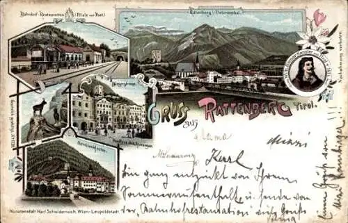 Litho Rattenberg in Tirol, Gesamtansicht, Bahnhof Restauration