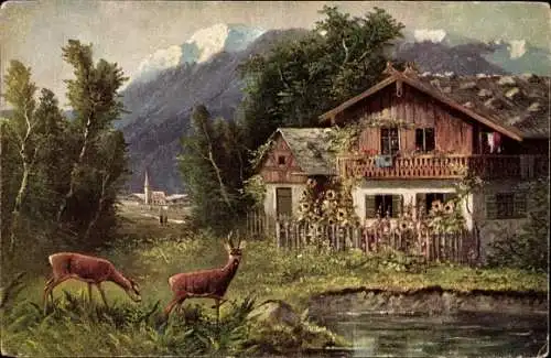 Ak Wohnhaus, Teich, Junger Hirsch, Reh