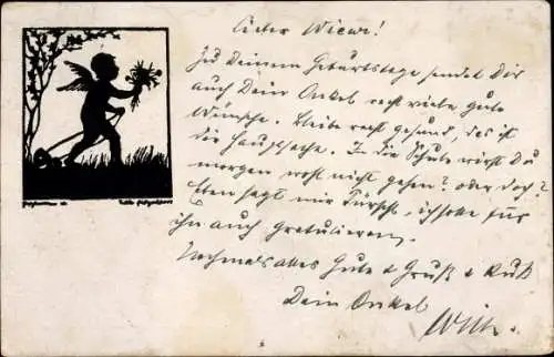 Künstler Ak Engel mit Blumenstrauß handschriftlicher Text
