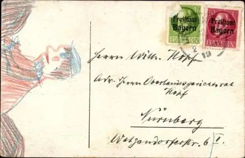 Künstler Ak Engel mit Blumenstrauß handschriftlicher Text