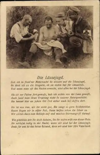 Ak Deutsche Soldaten, Gedicht Die Läusejagd, Geh ich in finst'rer Mitternacht so einsam...