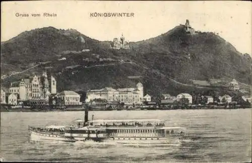 Ak Königswinter am Rhein, Gruß vom Rhein,  Schiff auf dem Rhein, Drachenfels und Schloss Drach...