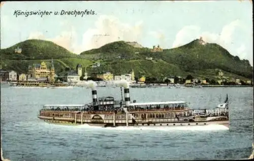 Ak Königswinter am Rhein, Drachenfels, Dampfschiff auf dem Rhein mit Blick auf Königswinter un...