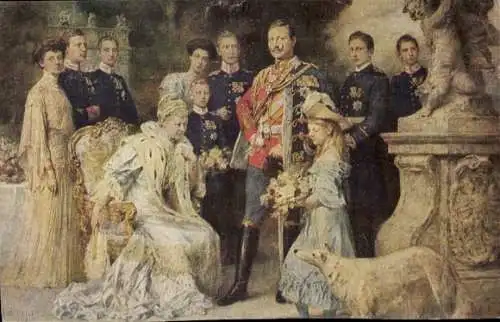 Künstler Ak Keller, F., Kaiserhaus, Wilhelm II, Kaiserin Auguste Viktoria, Kronprinz, Windhund