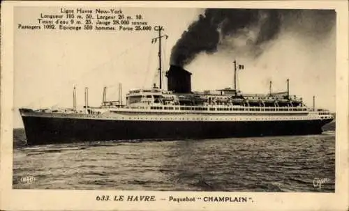 Ak Paquebot Champlain, Dampfschiff, CGT, French Line