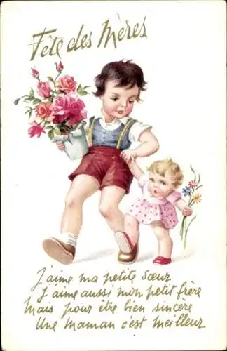 Ak Geschwister, Kinder, Fest, Rosen im Blumentopf