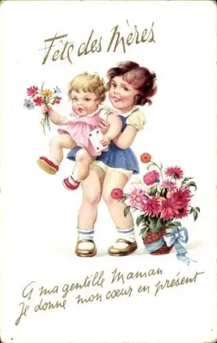 Ak Geschwister, Kinder, Fest, Blumen, Blumentopf mit Schleife