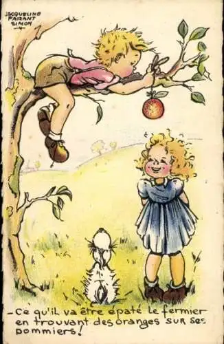 Künstler Ak Faizant Simon, Junge hängt eine Orange an einen Apfelbaum