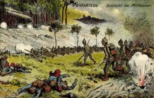 Künstler Ak Schlacht bei Mülhausen, Deutsche Soldaten im Kaiserreich, I. WK, Jahr 1914