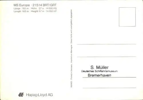 Ak Passagierschiff MS Europa, Hapag-Lloyd